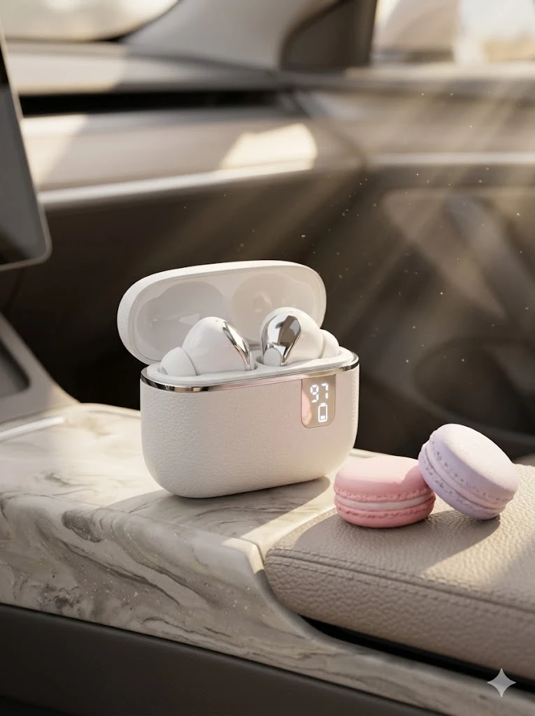 Белые наушники BOZEX Elegance в открытом кейсе